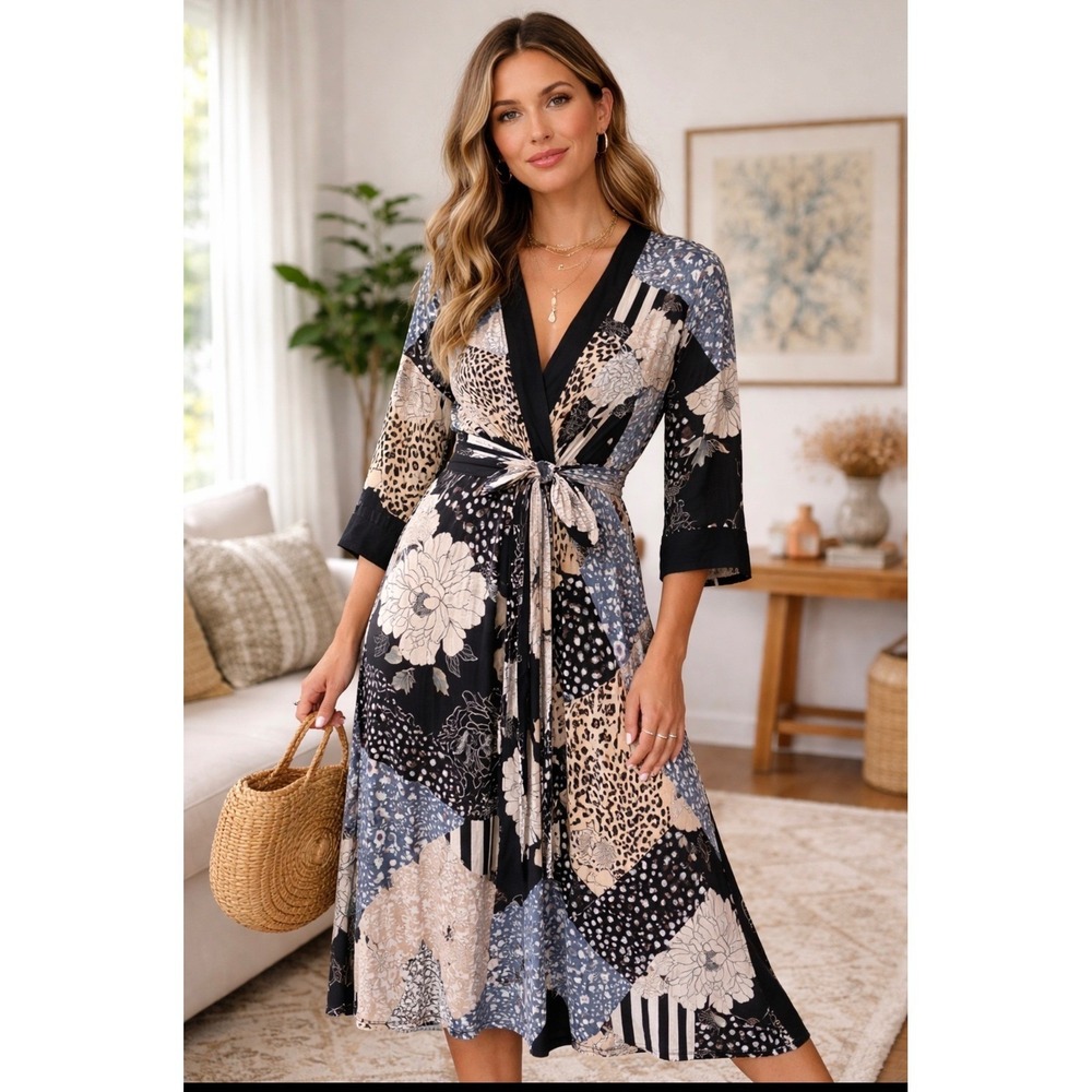 Women's Patchwork Wrap Midi Dress‎ S/M Black Floral Mixed Print, Boho, Tapestry